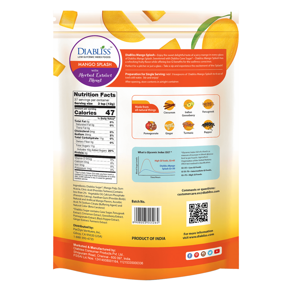 Diabliss Mango Splash Nutrition Label
